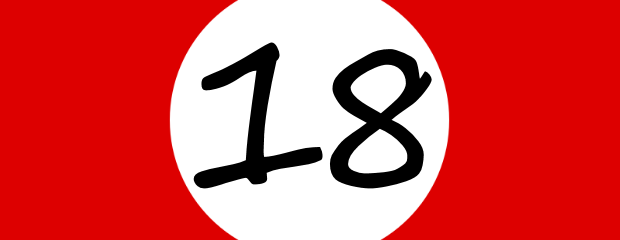 Fiktive Flagge, weißer Kreis auf rotem Grund, befüllt mit der Zahl 18