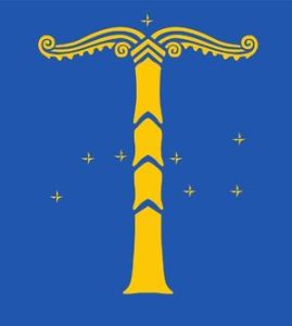 Symbol Artgemeinschaft stilisierte Säule mit Himmelsgewölbe in gelb auf blauem Grund und kleinen Sternen