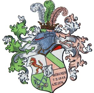 Symbol Logo der Burschenschaft Danubia München in den Farben Weiß-Grün-Rosenrot, Helm einer Ritterrüstung thront auf einem viergeteilten Wappen mit Tiersymbol, gekreuzten Schwertern und den Buchstaben EV, Schriftzug München mit Datumsangaben 7.2.1848 und 4.11.1874