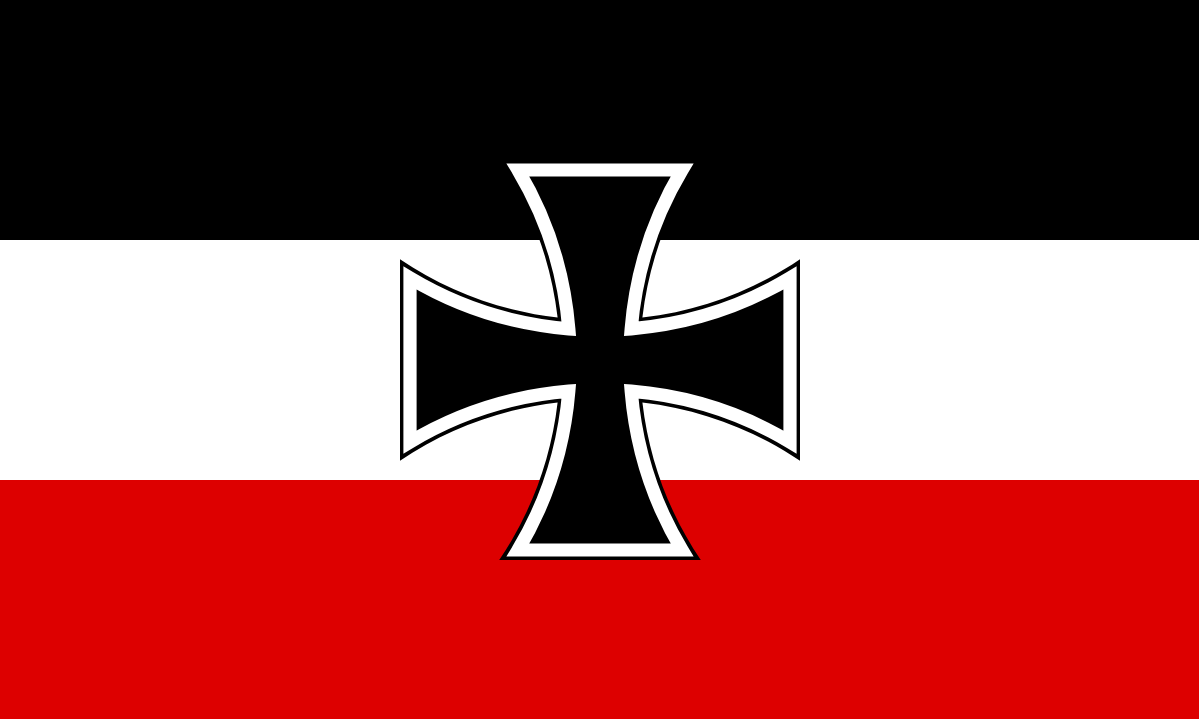 Rechteckige Flagge mit drei waagerechten, gleich breiten Streifen in den Farben Schwarz Weiß Rot mit Eisernem Kreuz in der Mitte