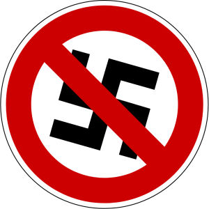 Schwarzes Hakenkreuz in rotem durchgestrichenen Kreis