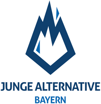Symbol Logo Junge Alternative Bayern, stilisiertes Feuer in den Farben weiß und blau mit Text Junge Alternative Bayern darunter