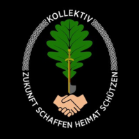 Symbol Logo Kollektiv Zukunft Schaffen Heimat Schützen KZSHS, stilisierte sich reichende Hände unter einem grünen Eichenblatt mit stehendem Schwert umrahm von einem weißen Oval mit Text Kollektiv Zukunft Schaffen Heimat Schützen auf schwarzem Hintergrund