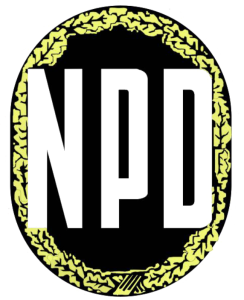 Logo der NPD, schwarzes Oval mit gelbem Eichenlaub umrandet und großen weißen Buchstaben NPD in der Mitte