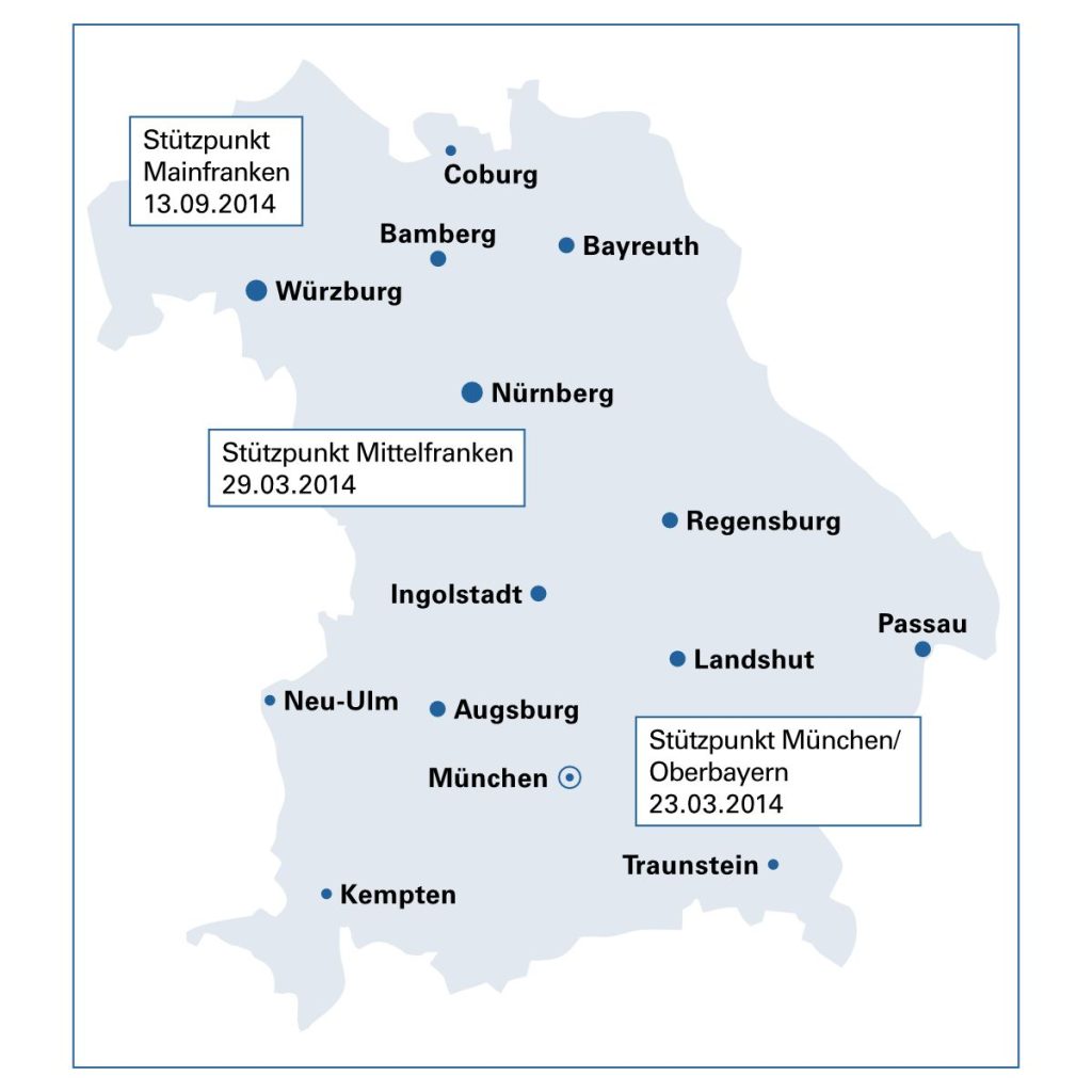 Grafik Bayernkarte mit drei eingetragenen Stützpunkten der rechtsextremistischen Kleinpartei Der Dritte Weg