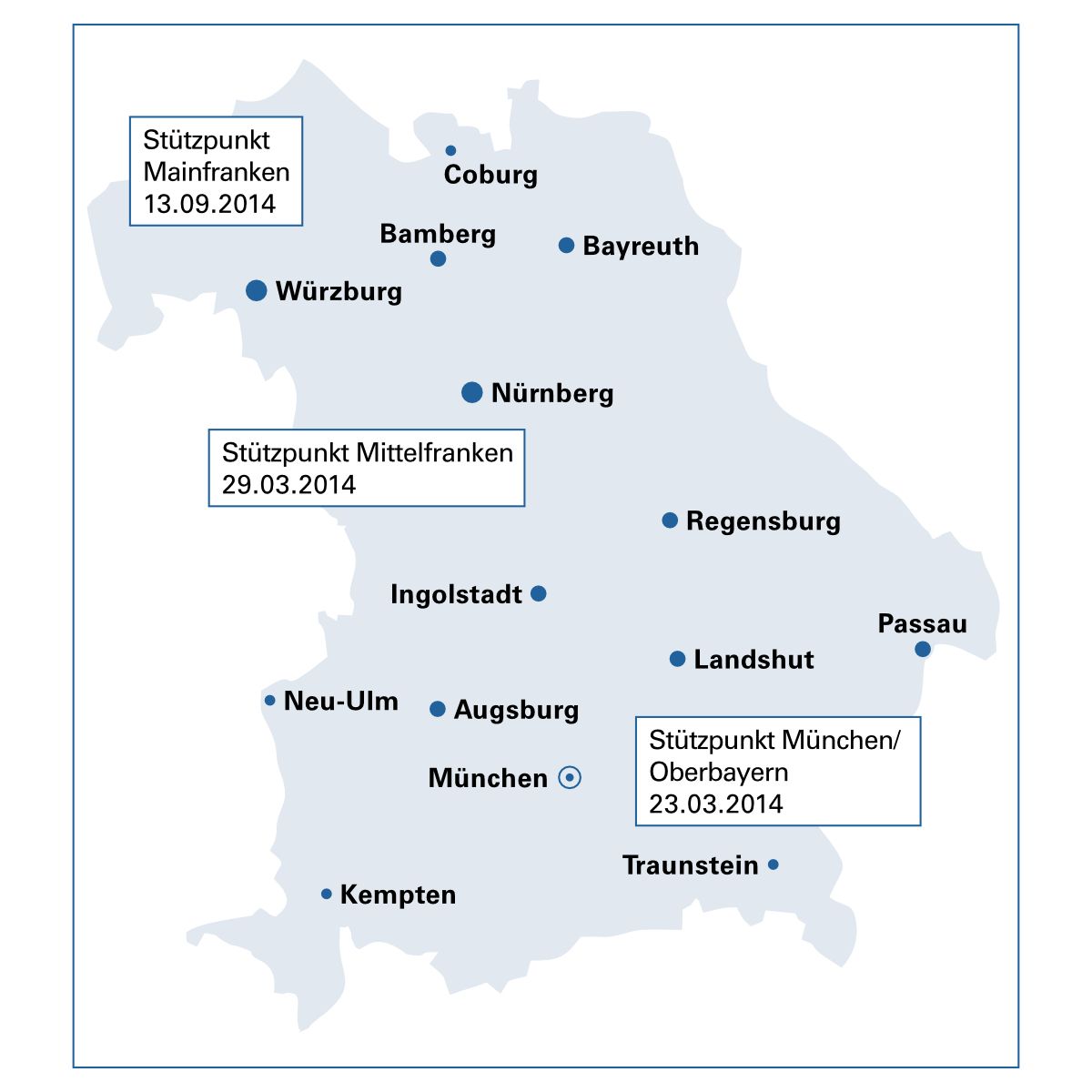 Grafik Bayernkarte mit drei eingetragenen Stützpunkten der rechtsextremistischen Kleinpartei Der Dritte Weg